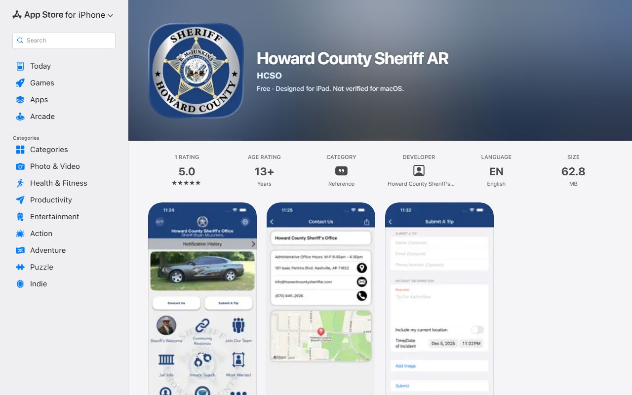 Howard County Sheriff AR app listing with inmate search feature